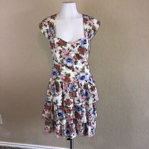 Vintage 80s Floral Tie Back Tiered Ruffle Dress